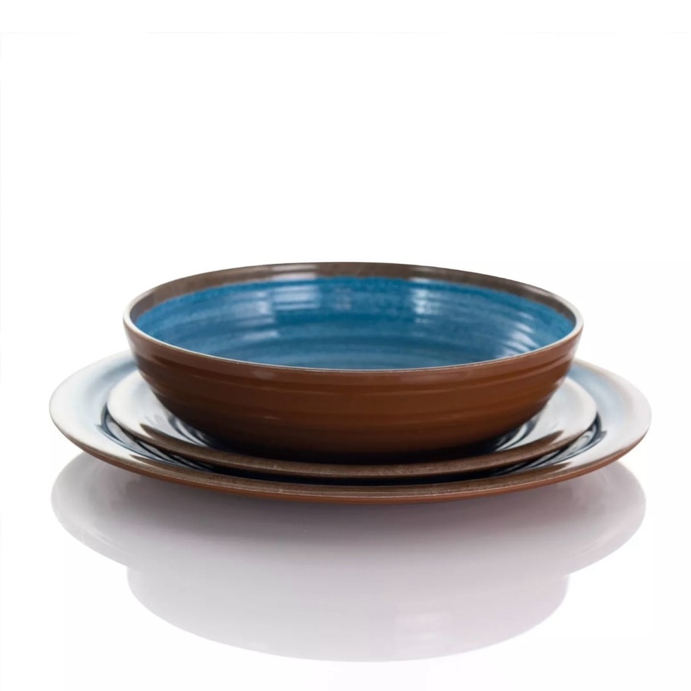 Elama Rippled Tides 12 Piece Lightweight Melamine Dinnerware Blue Beachy Coastal - Picture 2 of 4